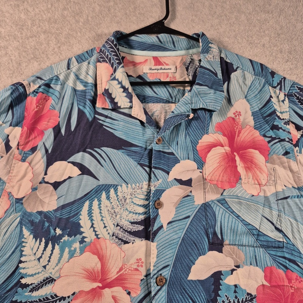 Tommy Bahama Shirt Mens 2XL Blue Pink Silk Hawaiian Button Up Hibiscus Hues XXL
